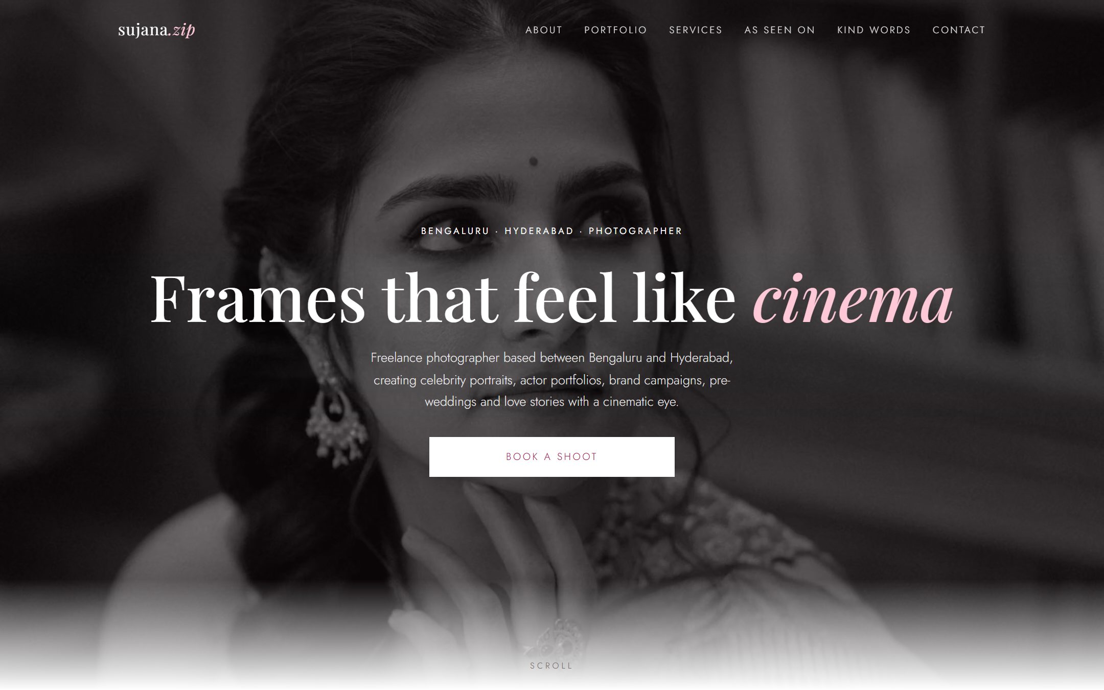 Live homepage of sujana.zip — “Frames that feel like cinema” over a black-and-white portrait